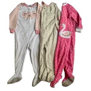 LOT of 3, Carters Girls 2t Zipper Fleece Pajamas Sleepers, White, Pink, Cheetah